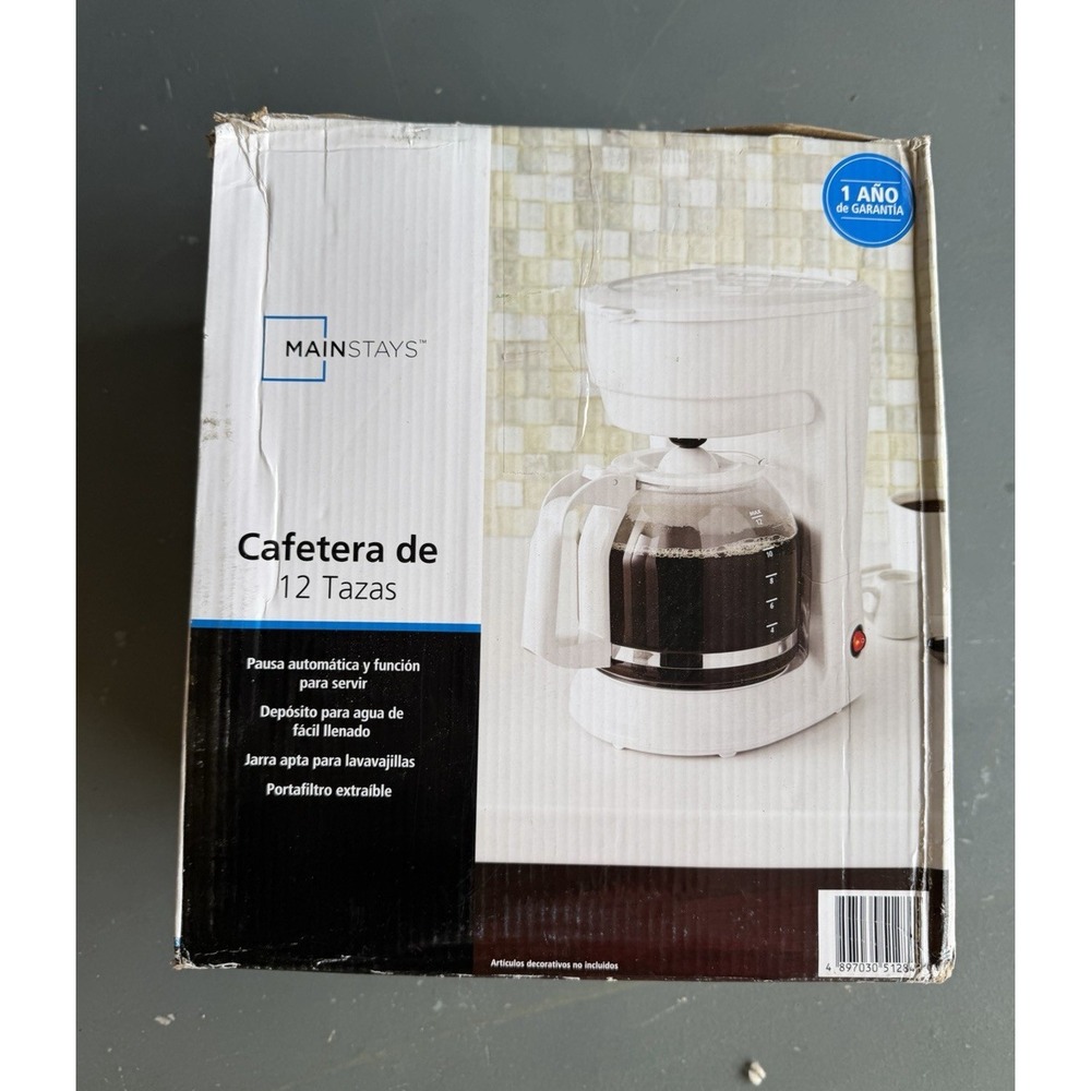 Mainstays 12-Cup Filter Coffee Maker White w/ Carafe, Pause-and-Serve